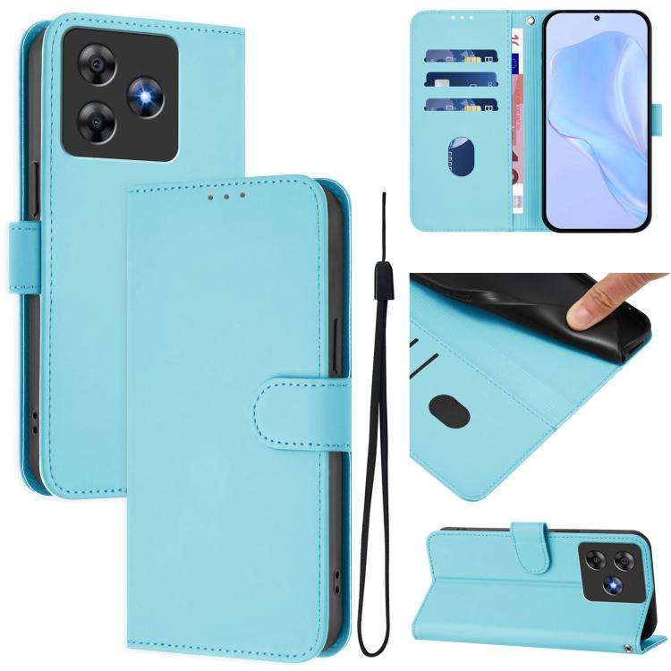 For Blackview Wave 8C Skin Feel Solid Color Leather Phone Case with Lanyard(Sky Blue)
