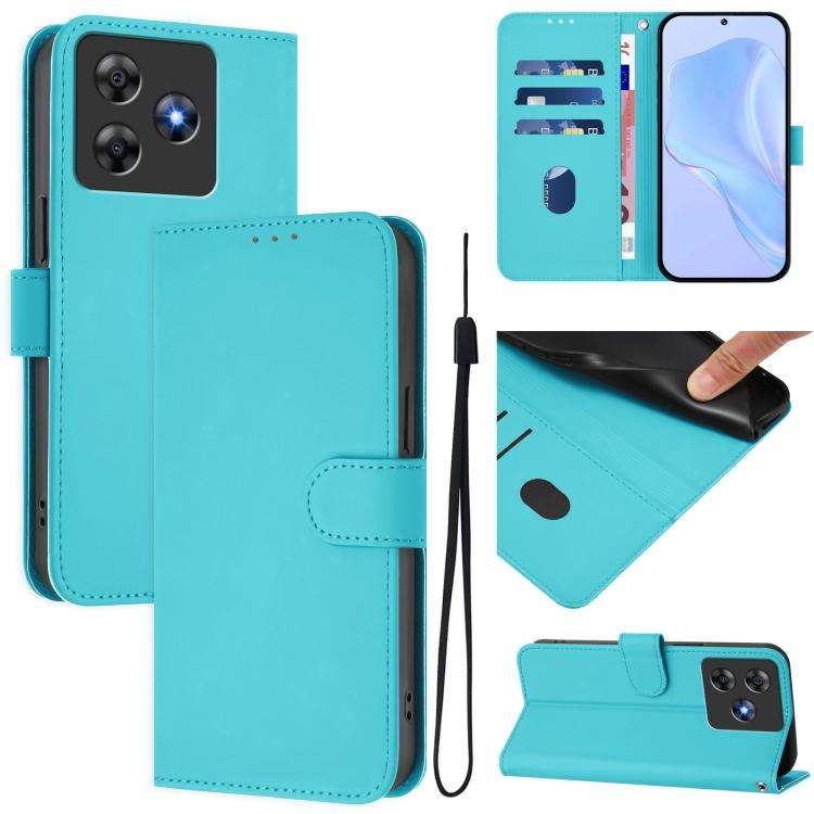 For Blackview Wave 8C Skin Feel Solid Color Leather Phone Case with Lanyard(Lake Blue)