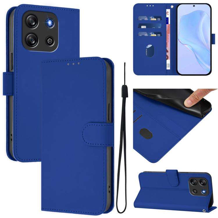 For Blackview Oscal Flat 1C Skin Feel Solid Color Leather Phone Case with Lanyard(Dark Blue)