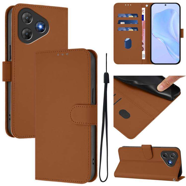 For Blackview Oscal Flat 2 / 2C Skin Feel Solid Color Leather Phone Case with Lanyard(Brown)