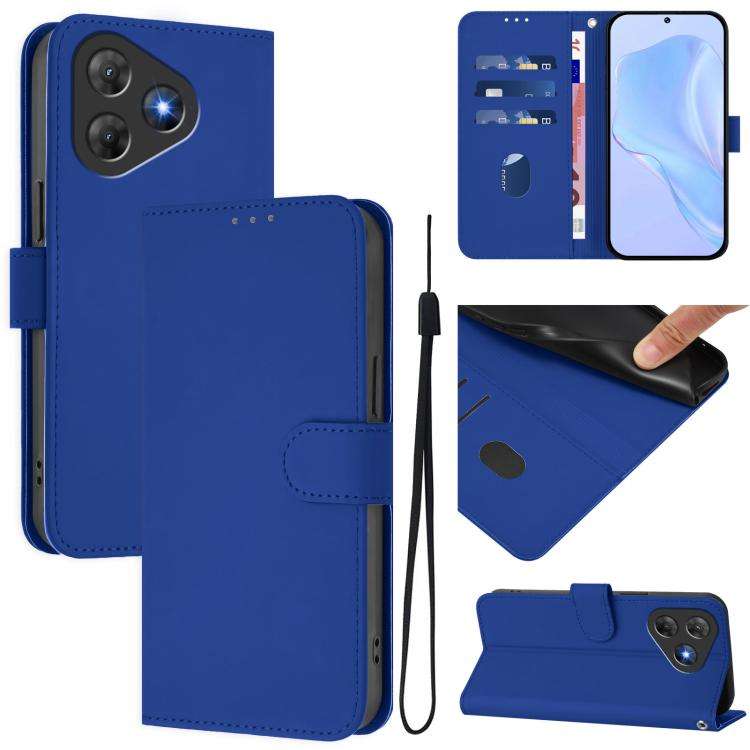 For Blackview Oscal Flat 2 / 2C Skin Feel Solid Color Leather Phone Case with Lanyard(Dark Blue)