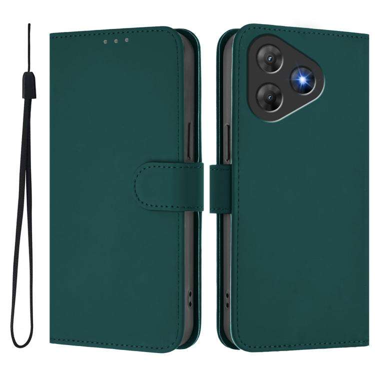 For Blackview Oscal Flat 2 / 2C Skin Feel Solid Color Leather Phone Case with Lanyard(Dark Green)