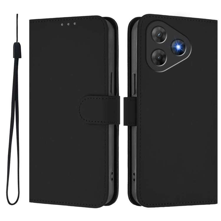 For Blackview Oscal Flat 2 / 2C Skin Feel Solid Color Leather Phone Case with Lanyard(Black)