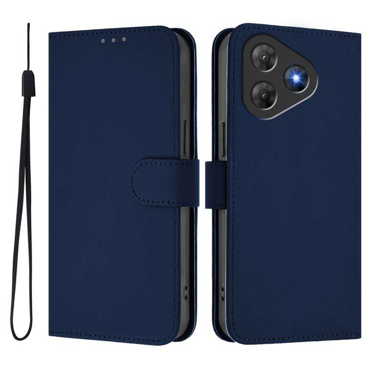 For Blackview Oscal Flat 2 / 2C Skin Feel Solid Color Leather Phone Case with Lanyard(Navy Blue)