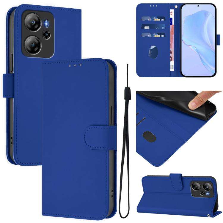 For Blackview Oscal Tiger 12 Skin Feel Solid Color Leather Phone Case with Lanyard(Dark Blue)