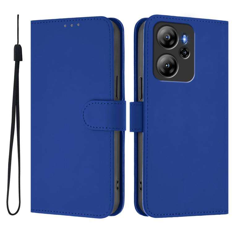 For Blackview Oscal Tiger 12 Skin Feel Solid Color Leather Phone Case with Lanyard(Dark Blue)