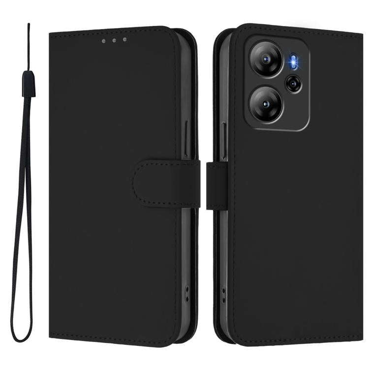 For Blackview Oscal Tiger 12 Skin Feel Solid Color Leather Phone Case with Lanyard(Black)