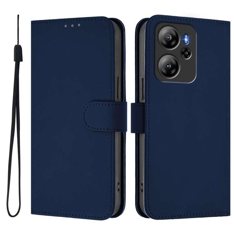 For Blackview Oscal Tiger 12 Skin Feel Solid Color Leather Phone Case with Lanyard(Navy Blue)