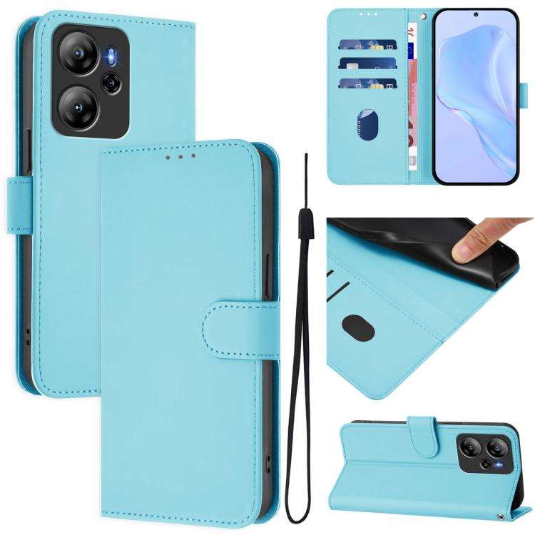 For Blackview Oscal Tiger 12 Skin Feel Solid Color Leather Phone Case with Lanyard(Sky Blue)