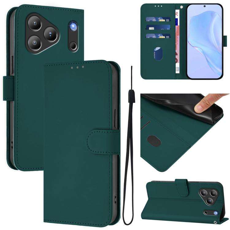 For Blackview Wave 7C Skin Feel Solid Color Leather Phone Case with Lanyard(Dark Green)