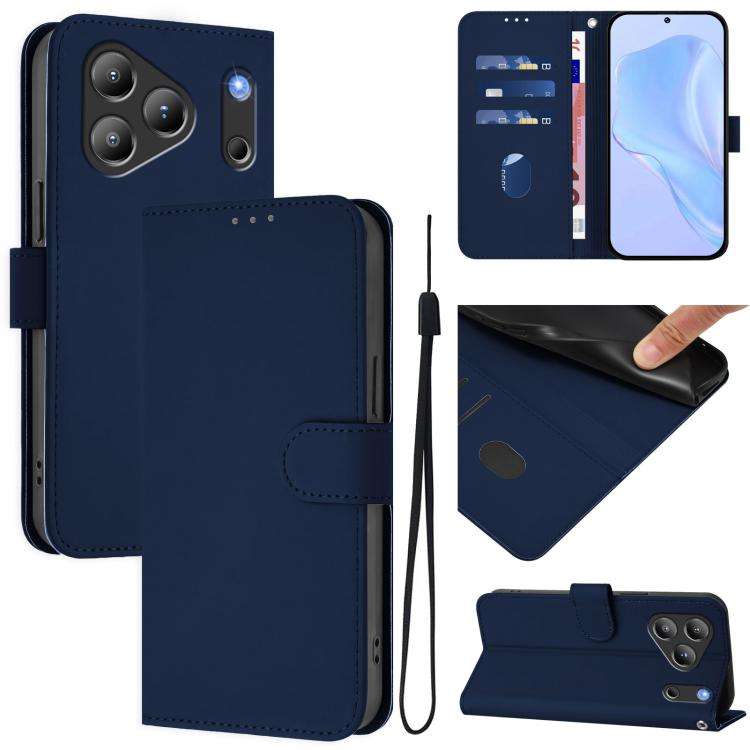 For Blackview Wave 7C Skin Feel Solid Color Leather Phone Case with Lanyard(Navy Blue)