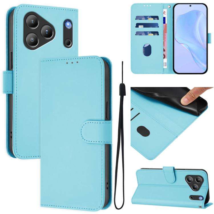 For Blackview Wave 7C Skin Feel Solid Color Leather Phone Case with Lanyard(Sky Blue)