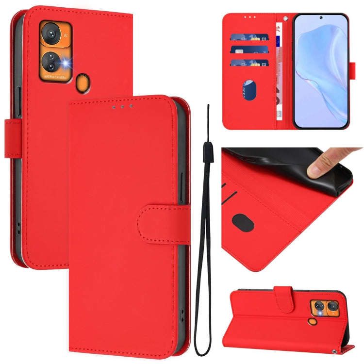 For Oukitel C33 Skin Feel Solid Color Leather Phone Case with Lanyard(Red)