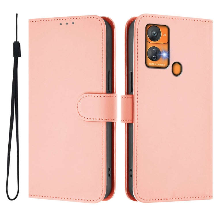 For Oukitel C33 Skin Feel Solid Color Leather Phone Case with Lanyard(Pink)