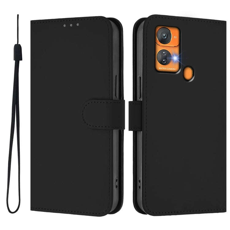 For Oukitel C33 Skin Feel Solid Color Leather Phone Case with Lanyard(Black)