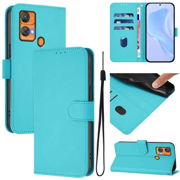 For Oukitel C33 Skin Feel Solid Color Leather Phone Case with Lanyard(Lake Blue)