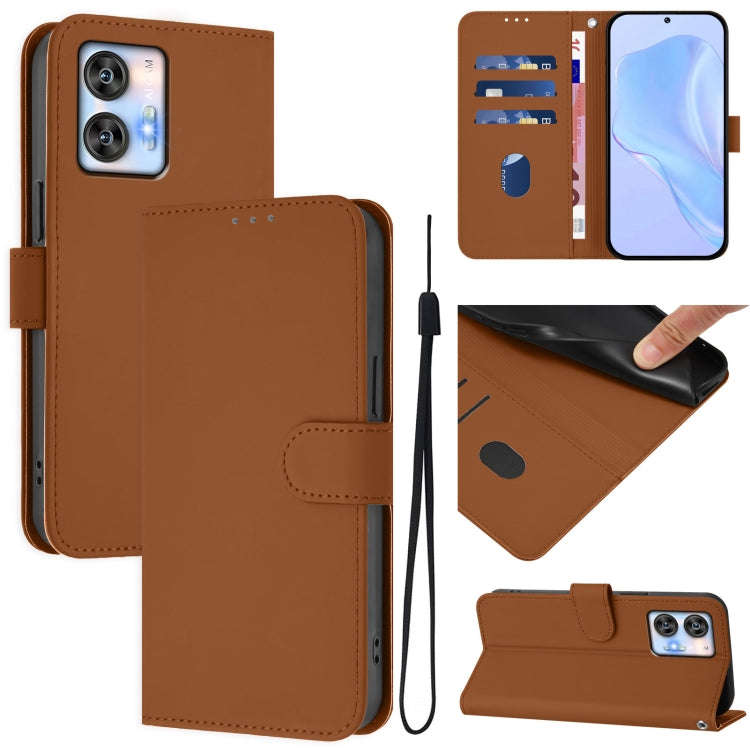 For Oukitel C35 Skin Feel Solid Color Leather Phone Case with Lanyard(Brown)