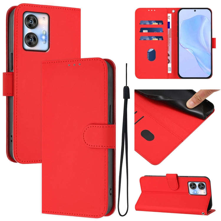 For Oukitel C35 Skin Feel Solid Color Leather Phone Case with Lanyard(Red)