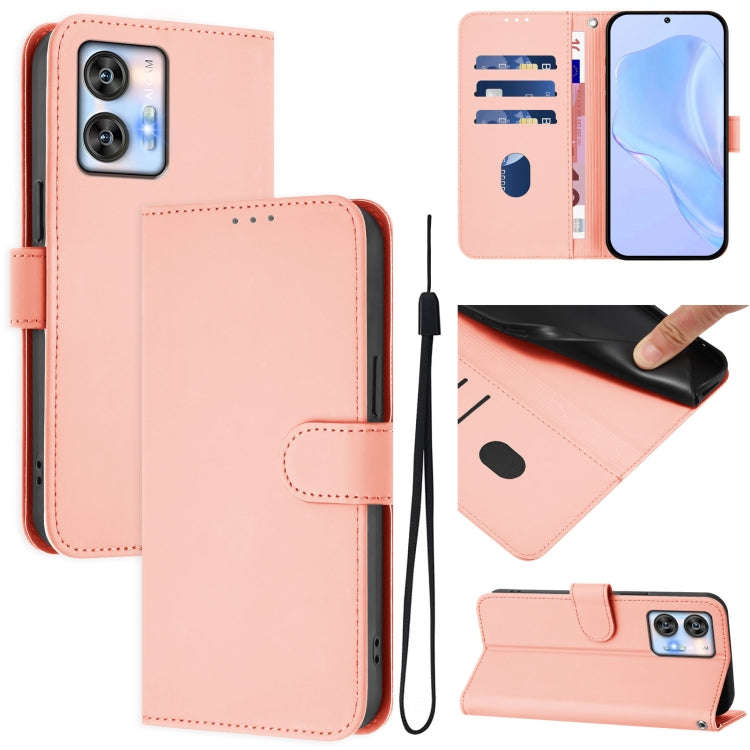 For Oukitel C35 Skin Feel Solid Color Leather Phone Case with Lanyard(Pink)