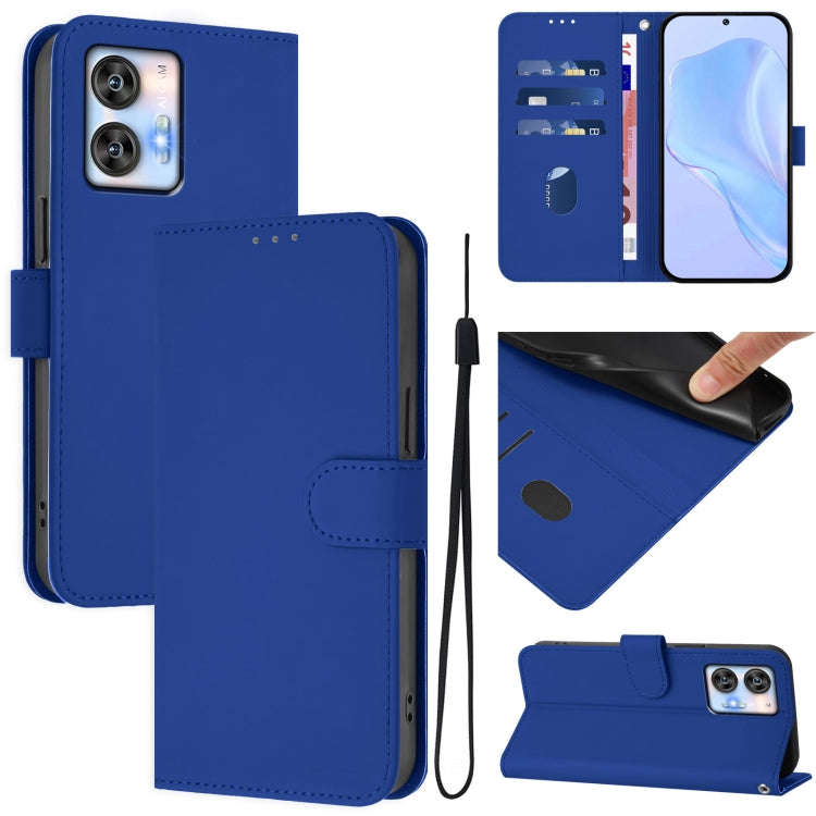 For Oukitel C35 Skin Feel Solid Color Leather Phone Case with Lanyard(Dark Blue)