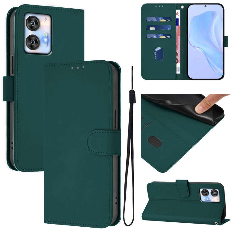 For Oukitel C35 Skin Feel Solid Color Leather Phone Case with Lanyard(Dark Green)