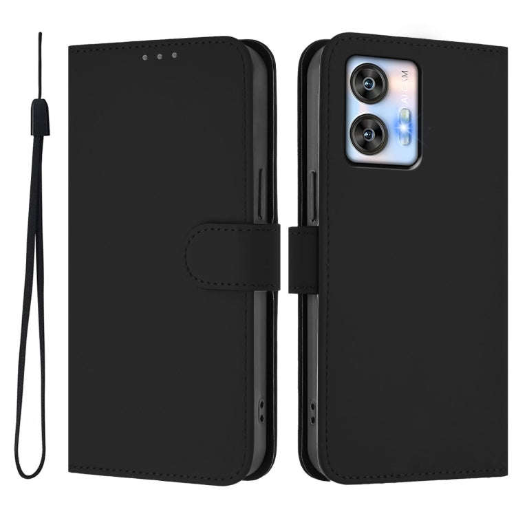 For Oukitel C35 Skin Feel Solid Color Leather Phone Case with Lanyard(Black)