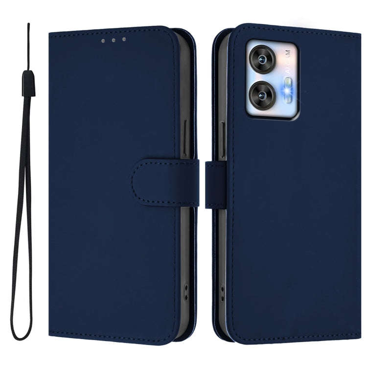 For Oukitel C35 Skin Feel Solid Color Leather Phone Case with Lanyard(Navy Blue)