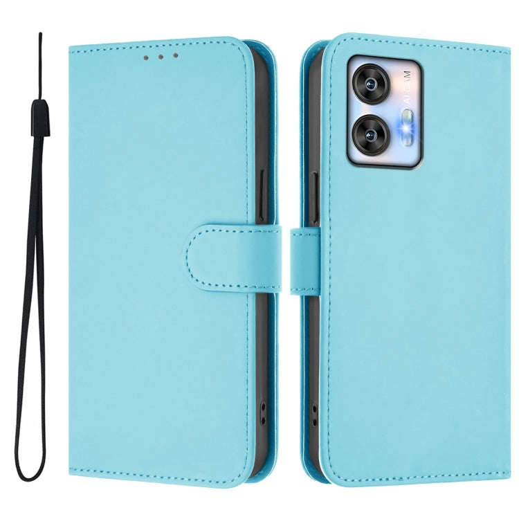 For Oukitel C35 Skin Feel Solid Color Leather Phone Case with Lanyard(Sky Blue)