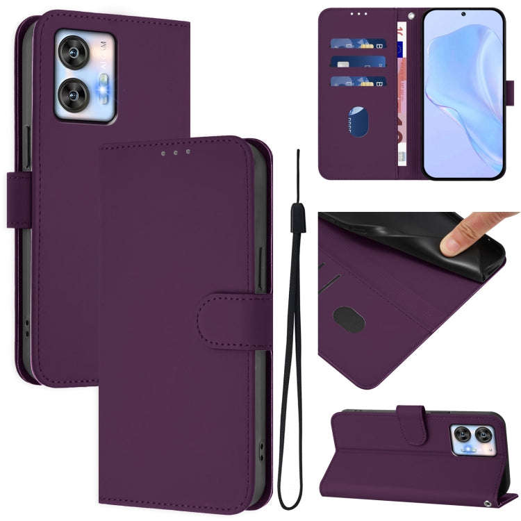 For Oukitel C35 Skin Feel Solid Color Leather Phone Case with Lanyard(Violet)