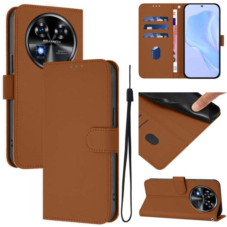 For Oukitel C37 Skin Feel Solid Color Leather Phone Case with Lanyard(Brown)