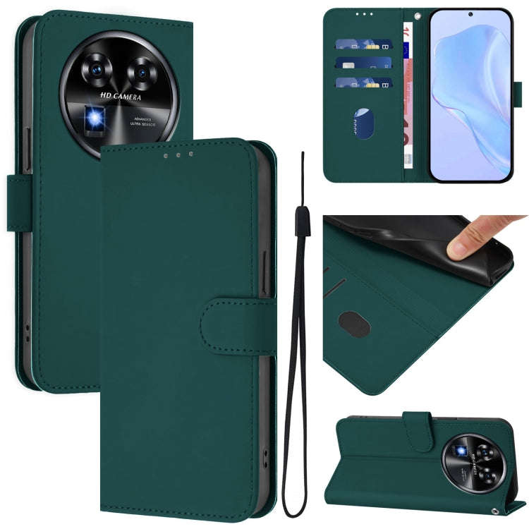 For Oukitel C37 Skin Feel Solid Color Leather Phone Case with Lanyard(Dark Green)