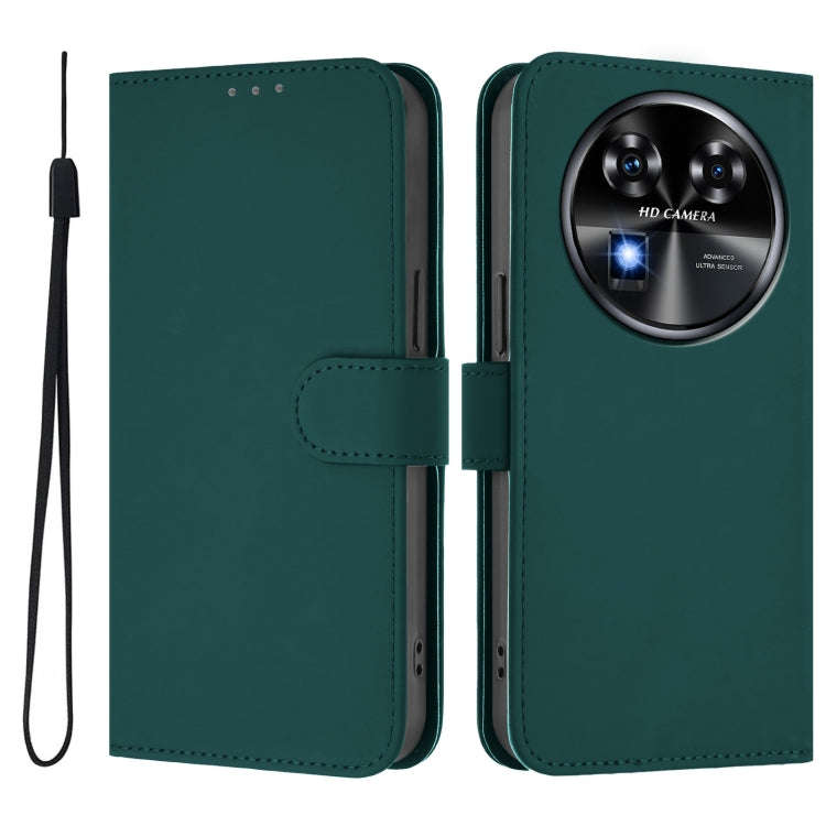For Oukitel C37 Skin Feel Solid Color Leather Phone Case with Lanyard(Dark Green)
