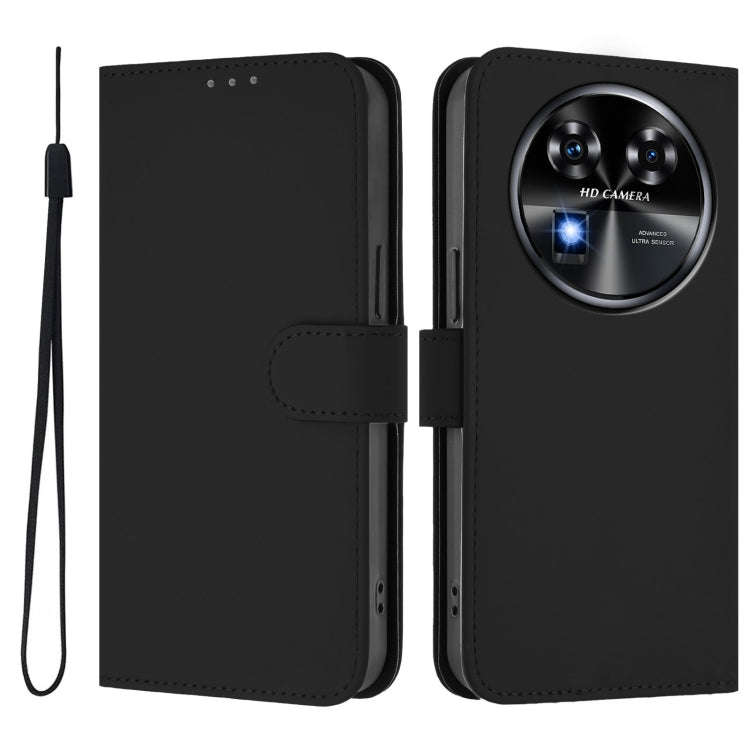 For Oukitel C37 Skin Feel Solid Color Leather Phone Case with Lanyard(Black)