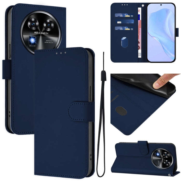 For Oukitel C37 Skin Feel Solid Color Leather Phone Case with Lanyard(Navy Blue)