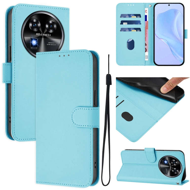 For Oukitel C37 Skin Feel Solid Color Leather Phone Case with Lanyard(Sky Blue)