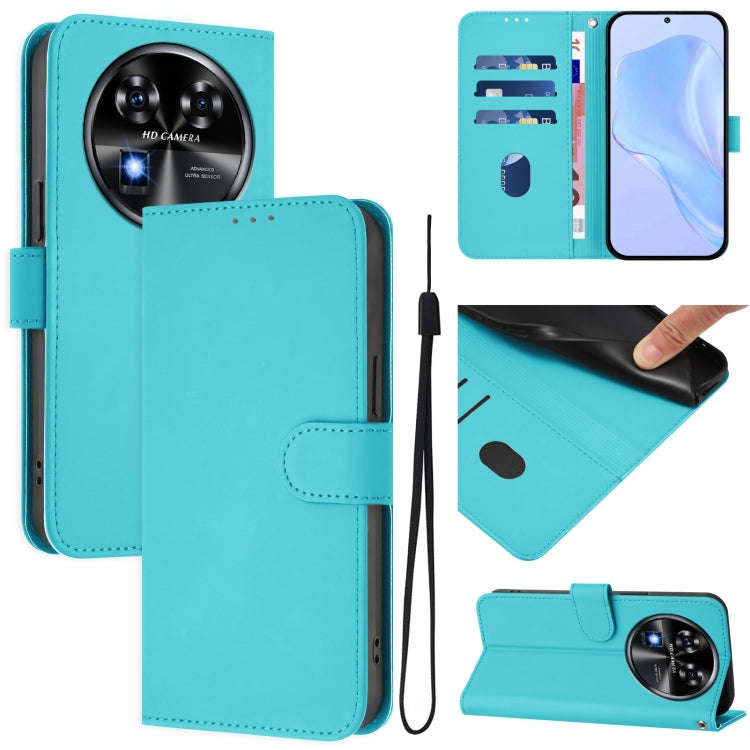 For Oukitel C37 Skin Feel Solid Color Leather Phone Case with Lanyard(Lake Blue)