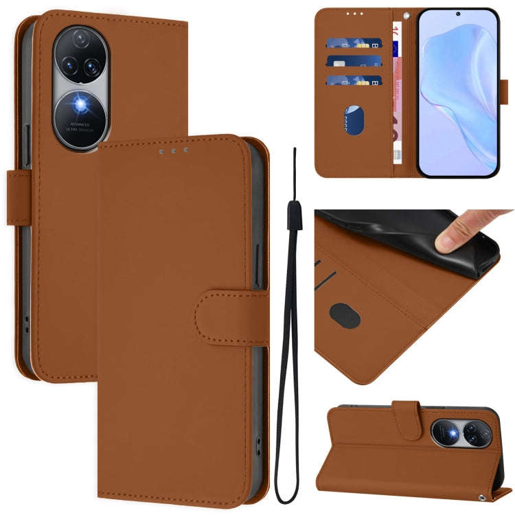 For Oukitel C38 Skin Feel Solid Color Leather Phone Case with Lanyard(Brown)