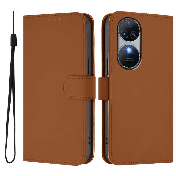 For Oukitel C38 Skin Feel Solid Color Leather Phone Case with Lanyard(Brown)