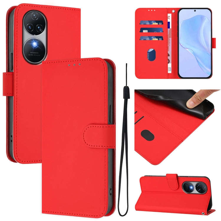 For Oukitel C38 Skin Feel Solid Color Leather Phone Case with Lanyard(Red)