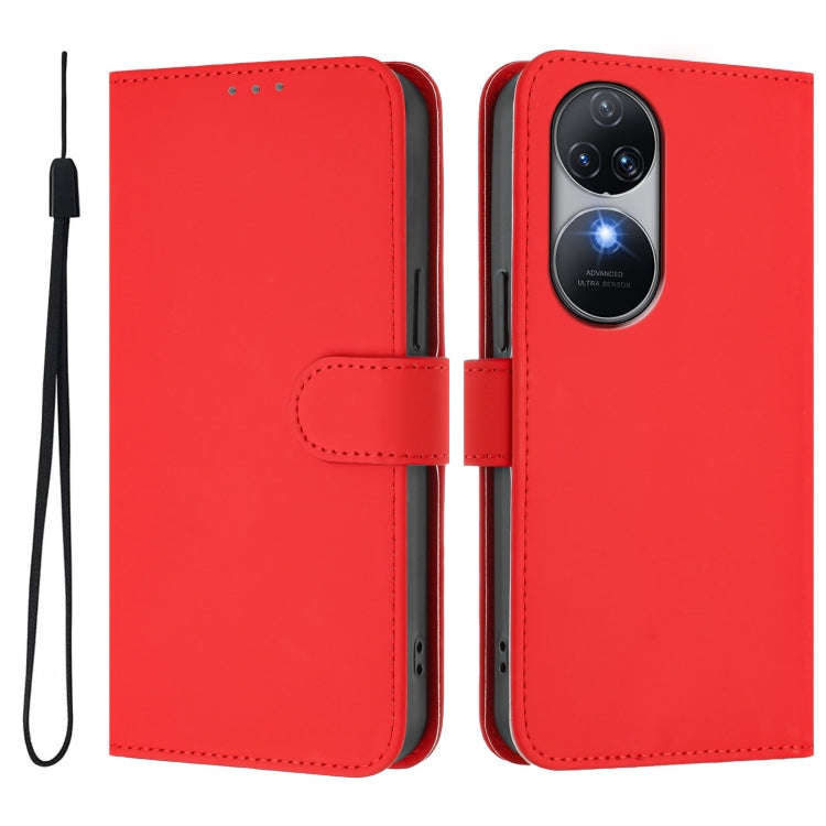 For Oukitel C38 Skin Feel Solid Color Leather Phone Case with Lanyard(Red)