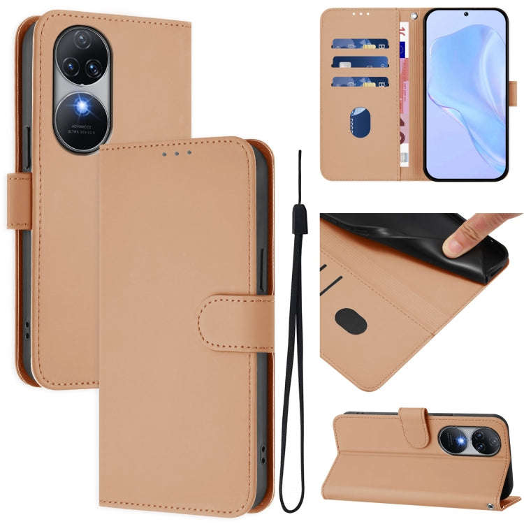 For Oukitel C38 Skin Feel Solid Color Leather Phone Case with Lanyard(Nude)