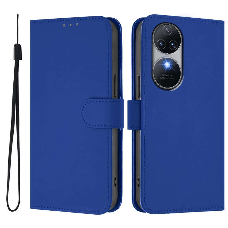 For Oukitel C38 Skin Feel Solid Color Leather Phone Case with Lanyard(Dark Blue)