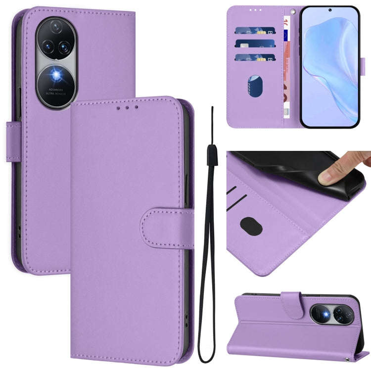 For Oukitel C38 Skin Feel Solid Color Leather Phone Case with Lanyard(Lavender Purple)