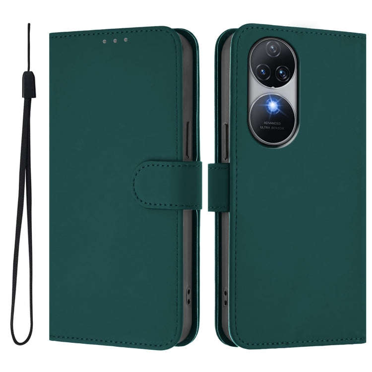 For Oukitel C38 Skin Feel Solid Color Leather Phone Case with Lanyard(Dark Green)