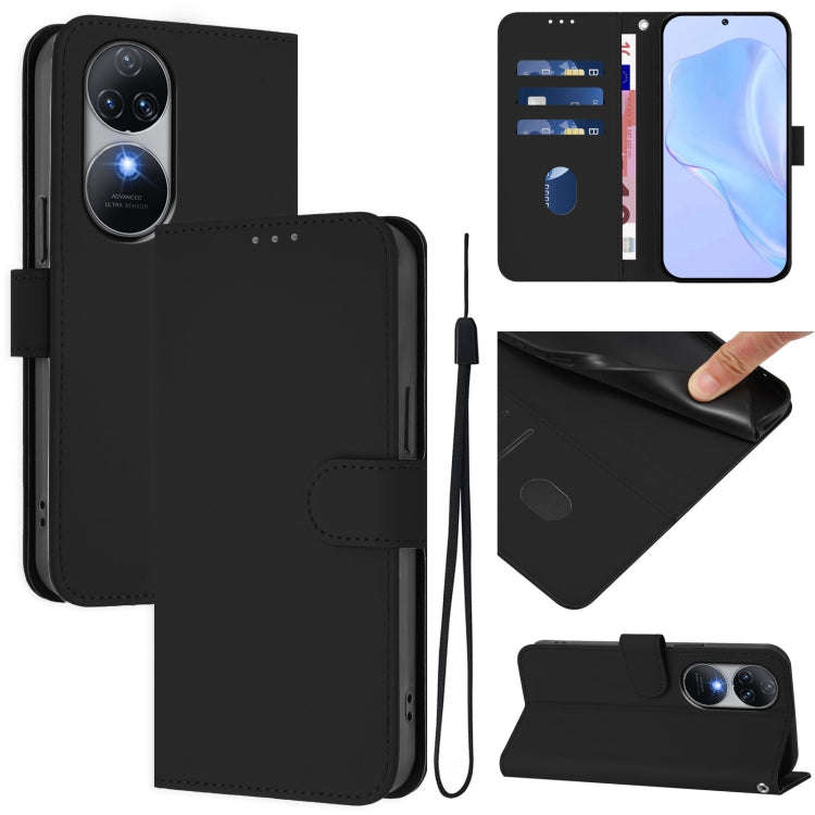 For Oukitel C38 Skin Feel Solid Color Leather Phone Case with Lanyard(Black)