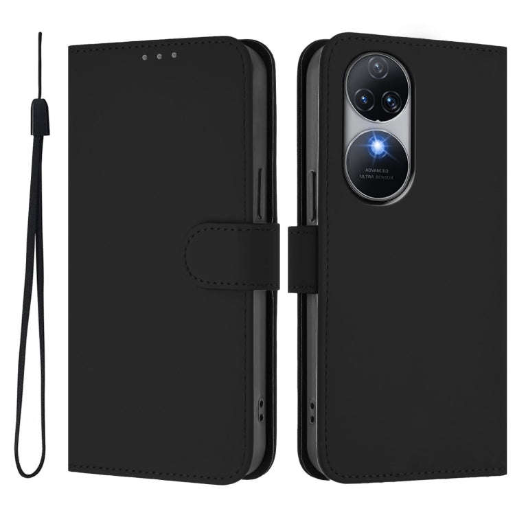 For Oukitel C38 Skin Feel Solid Color Leather Phone Case with Lanyard(Black)