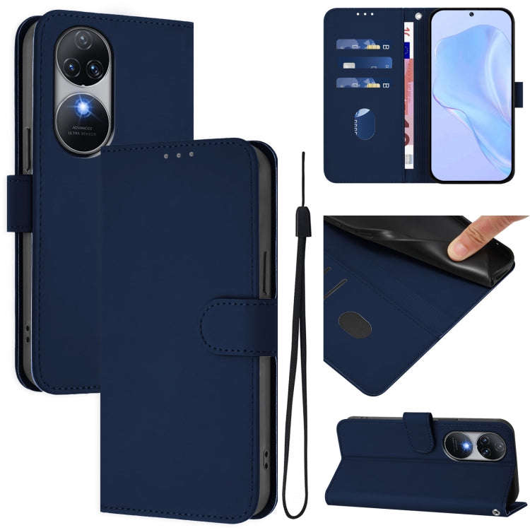 For Oukitel C38 Skin Feel Solid Color Leather Phone Case with Lanyard(Navy Blue)