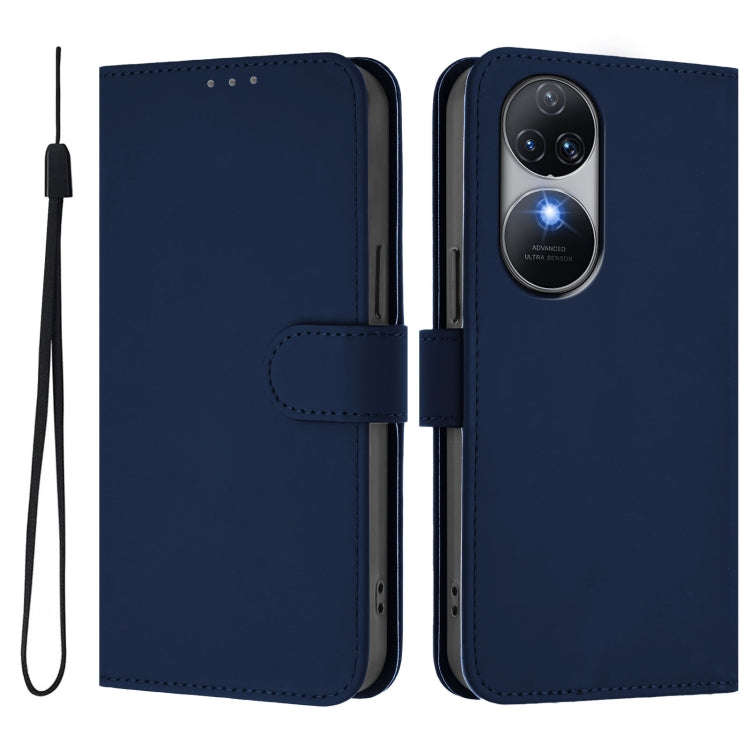 For Oukitel C38 Skin Feel Solid Color Leather Phone Case with Lanyard(Navy Blue)
