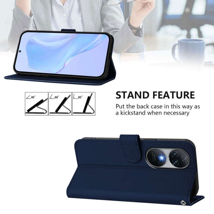 For Oukitel C38 Skin Feel Solid Color Leather Phone Case with Lanyard(Navy Blue)