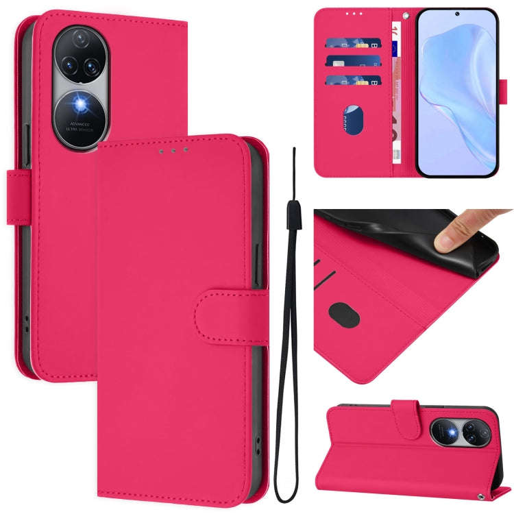 For Oukitel C38 Skin Feel Solid Color Leather Phone Case with Lanyard(Rose Red)